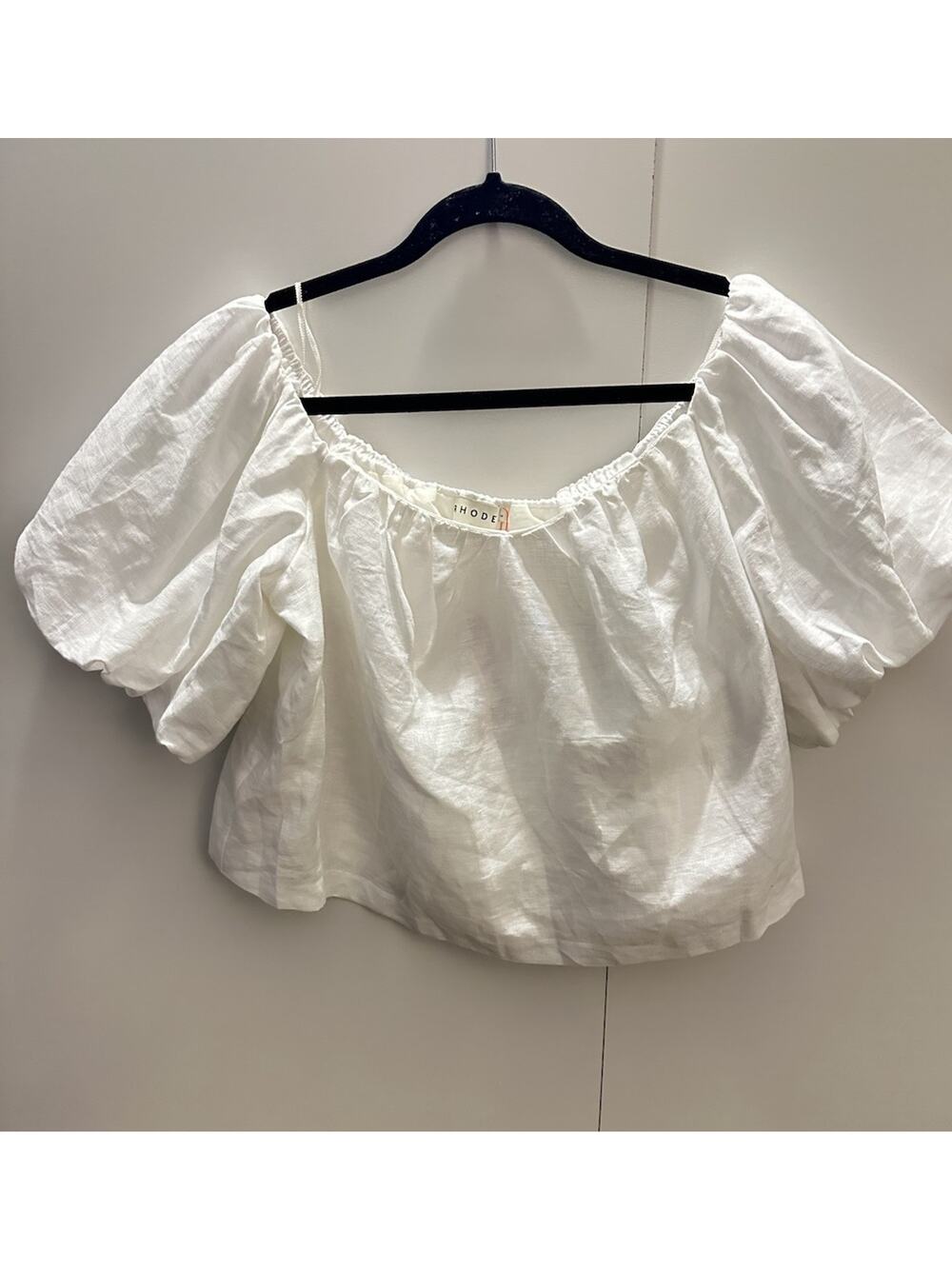 RHODE Sima White Peasant Blouse Puffed Sleeve Cropped Linen Top Sz LARGE New